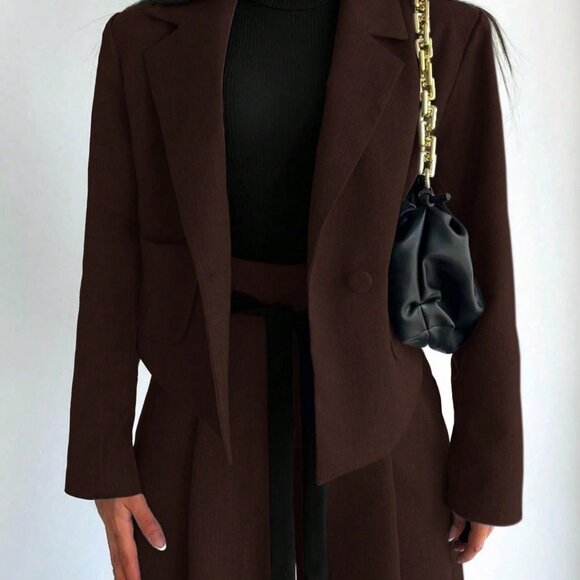 Coffee Brown Elegant Women's  Blazer Jacket & Wide Leg  Pants 2-Piece Set - Picture 7 of 7
